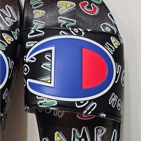 Champion, Mens Slides in Black with Colorful "Champion" Graphics. Size 12 - Picture 6 of 7